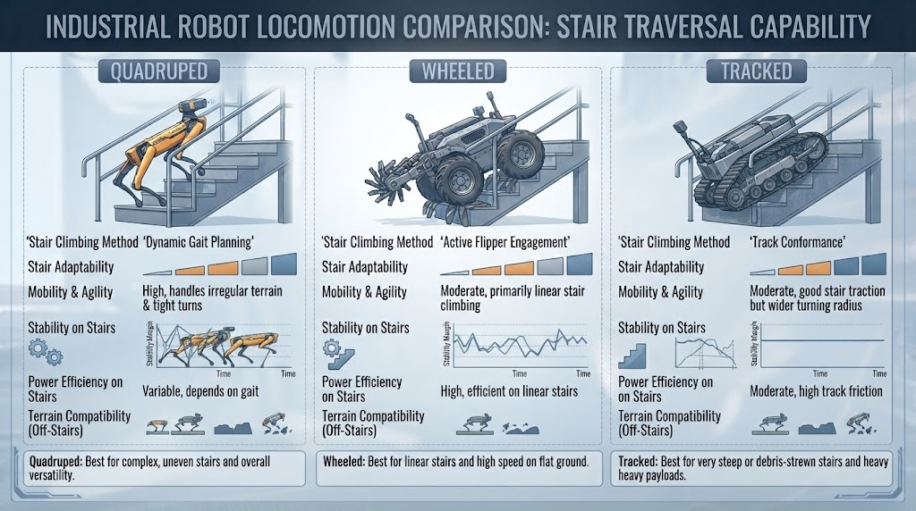 Locomotion comparison chart showing quadruped, wheeled, and tracked industrial robots on stairs