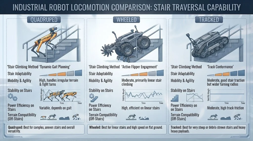 Locomotion comparison chart showing quadruped, wheeled, and tracked industrial robots on stairs