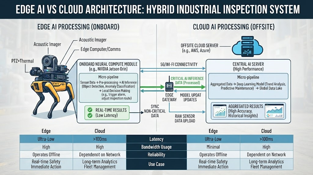 Edge AI vs cloud architecture diagram showing onboard neural compute module vs offsite server