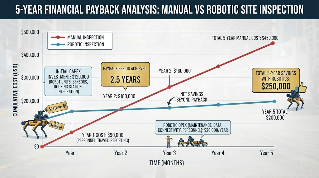 Financial payback chart comparing manual inspection costs vs robotic inspection CAPEX and OPEX over 5 years