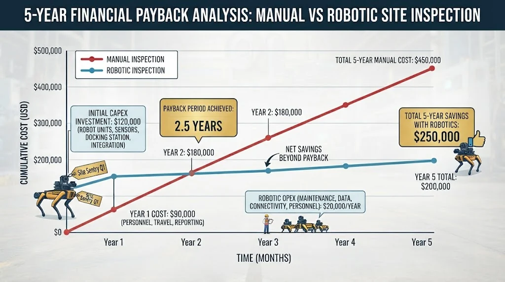 Financial payback chart comparing manual inspection costs vs robotic inspection CAPEX and OPEX over 5 years