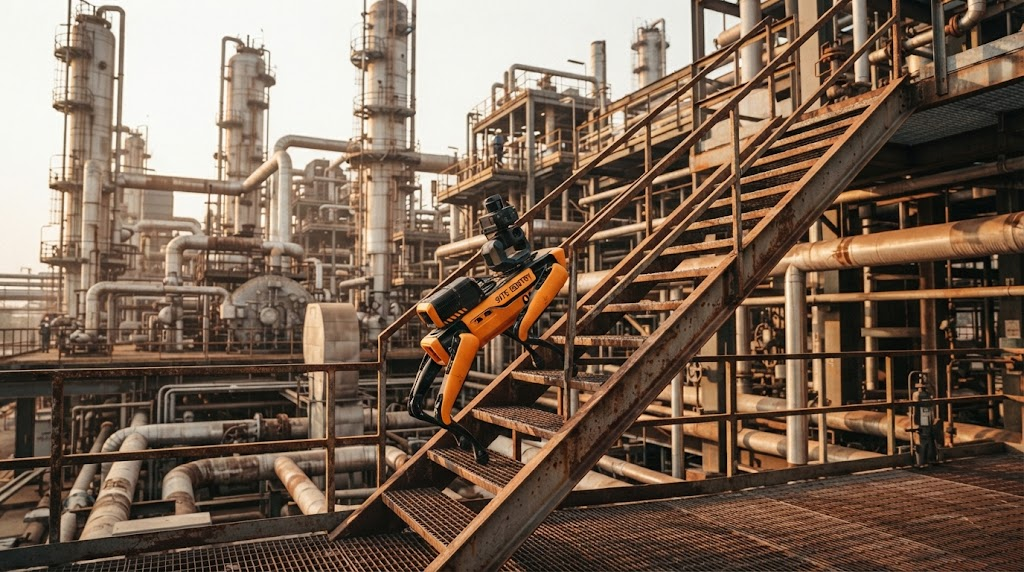 Robot dog climbing industrial metal stairs in refinery
