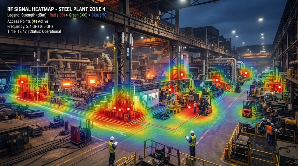 RF signal heatmap steel industrial plant