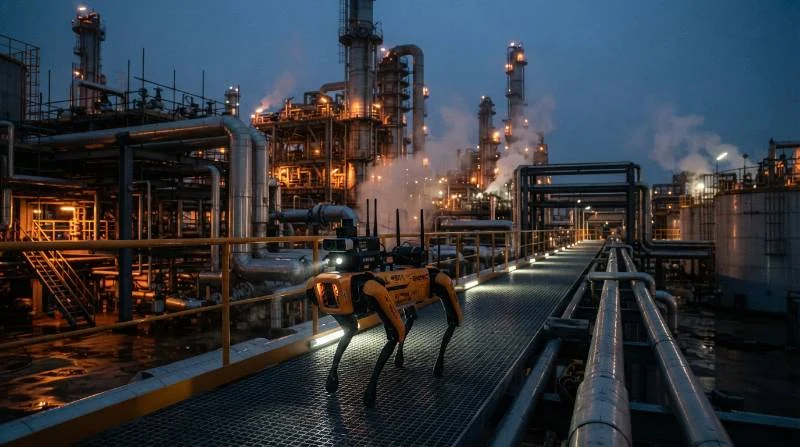 An explosion-proof quadruped robot dog patrolling a complex petrochemical refinery with steam pipes and distillation towers under low light conditions.