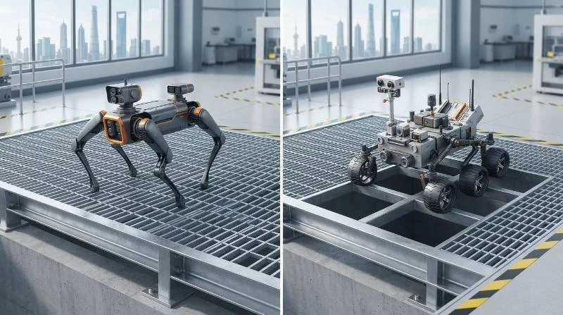 echnical comparison drawing showing quadruped robot dog walking over industrial steel open-mesh grating next to a wheeled rover stuck on a grating gap.