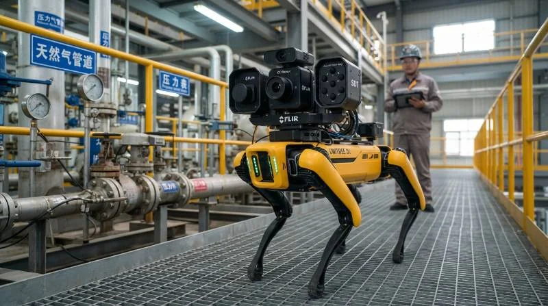 Detailed multi-payload sensor array mounted on an industrial robot dog, showcasing thermal camera, optical gas imaging lens, and acoustic sensor.