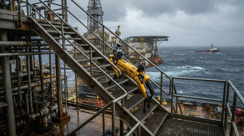 ATEX-certified robotic dog navigating stairs on an offshore oil platform at sea under stormy weather conditions.