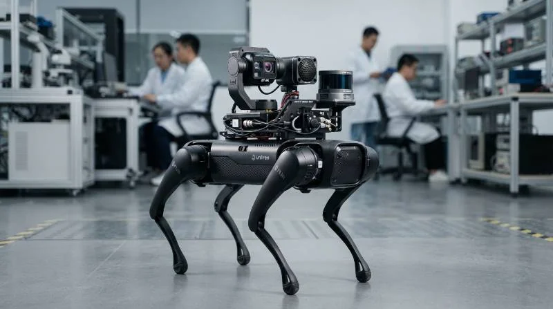 Detailed multi-sensor payload diagram on robot dog showing radiometric thermal camera, acoustic imaging sensor, and LiDAR