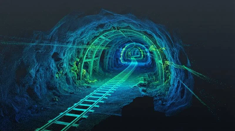  3D subterranean LiDAR SLAM point cloud tunnel visualization showing mine drift ribs, rail tracks, and structural convergence points in blue and green