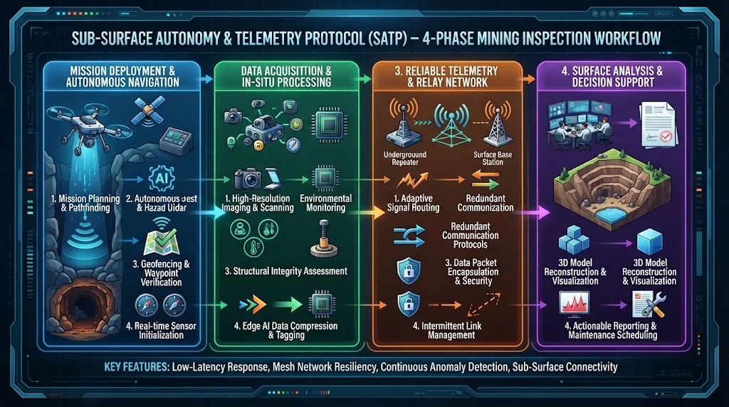 Technical workflow diagram showing the 4 phases of the Sub-Surface Autonomy and Telemetry Protocol for mining inspection