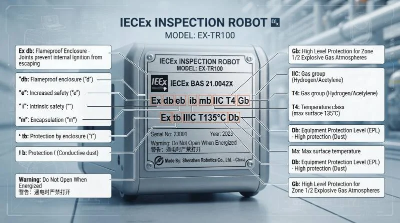 Detailed technical diagram breaking down an IECEx inspection robot marking label with callouts for protection types and EPL