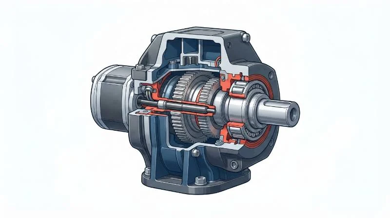 Cutaway mechanical engineering blueprint of an explosion-proof quadruped robot joint with dynamic seals and bearings