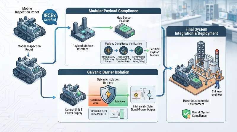 Flowchart illustrating IECEx modular payload compliance and galvanic barrier isolation for mobile inspection robots