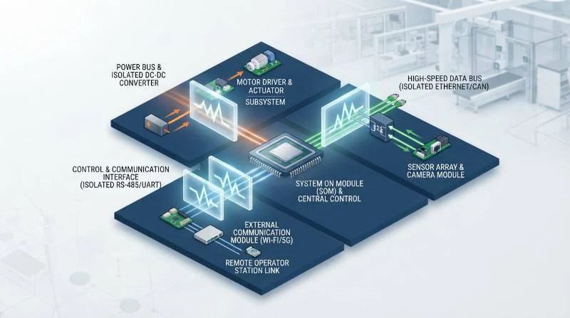Circuit engineering diagram showing three port galvanic barrier isolation architecture for mobile inspection robot data and power busses