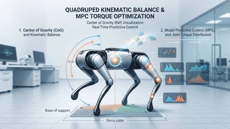 Kinematic balance diagram showing quadruped robot center of gravity shifts and model predictive control joint torque distribution
