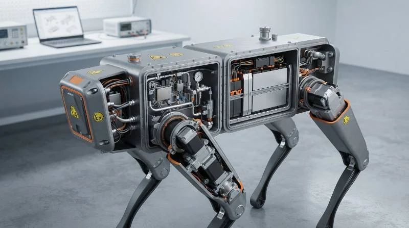 Cutaway CAD diagram of a hybrid Ex d and Ex p quadruped robot dog housing showing internal powertrain isolation