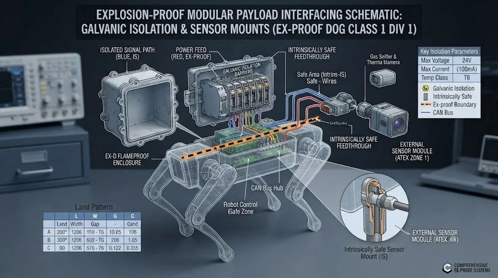 Modular payload explosion-proof interfacing schematic showing galvanic isolation barriers and sensor mounts on a robot dog