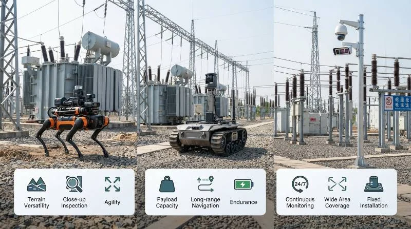 Comparison chart showing quadruped robot, wheeled UGV, and fixed camera inspecting switchyard gravel and equipment.