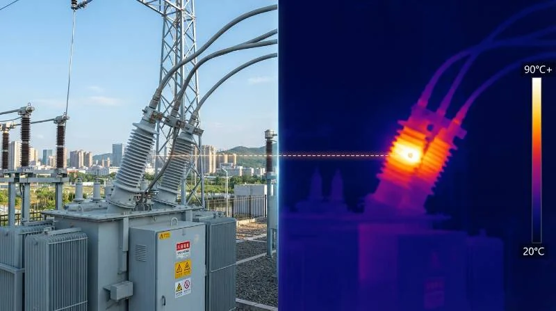 High-voltage substation transformer with thermal infrared split-screen showing bushing thermal hotspot detection and temperature overlay.