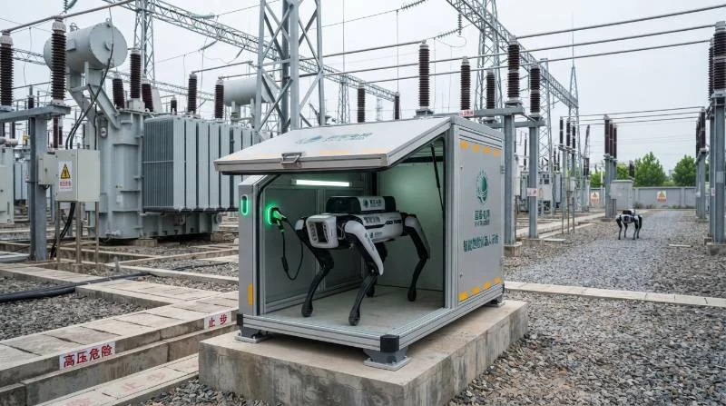 All-weather smart docking station in electrical substation housing a quadruped inspection robot during self-charging sequence.