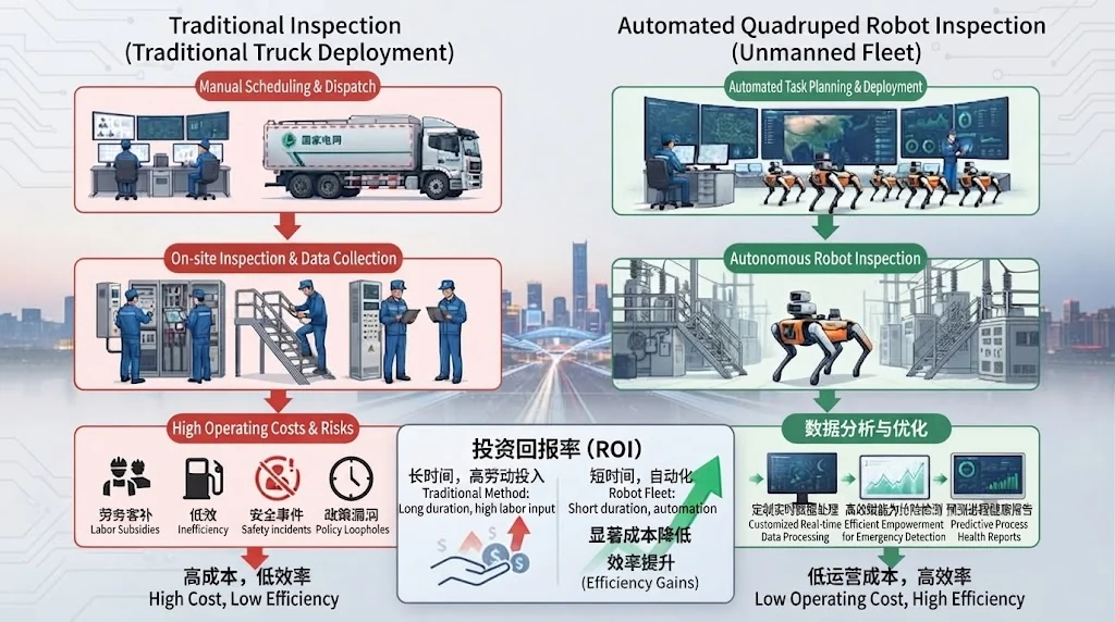 ROI and cost-reduction flowchart comparing traditional utility truck rolls against automated quadruped robot inspection fleets.