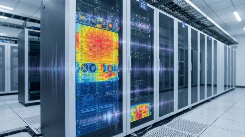 High-density server rack radiometric thermal heatmap overlaid with acoustic ultrasound frequency waves.