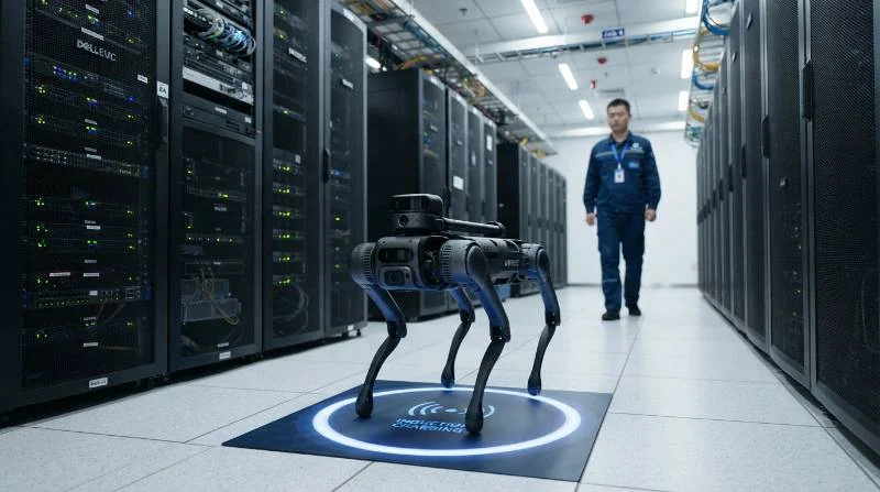 Quadruped robot docking autonomously on a flush inductive charging pad inside a server room corridor.