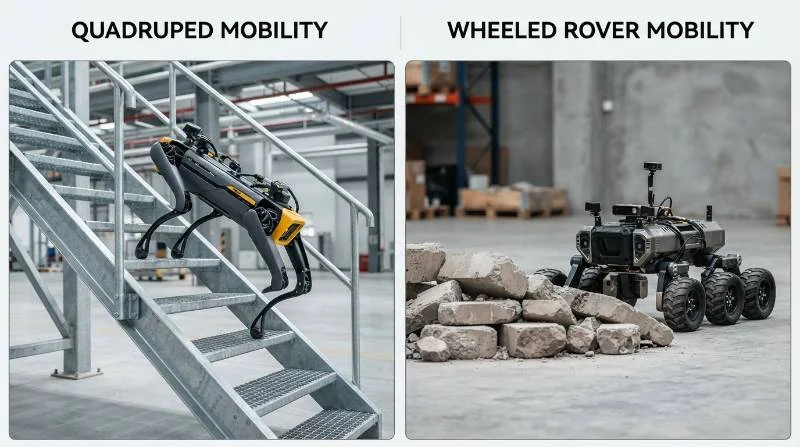 Side-by-side mobility diagram showing quadruped robot climbing industrial metal grated stairs versus a wheeled rover stopped at an obstacle.