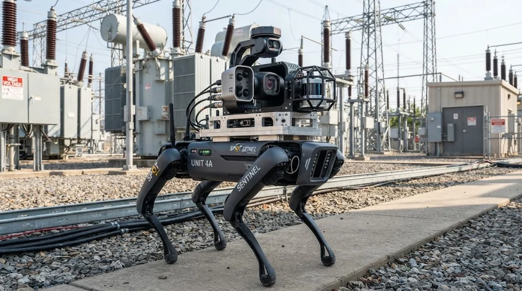 Modular dual-spectrum thermal, acoustic, and 3D LiDAR payload mounted on top of a robotic quadruped platform.