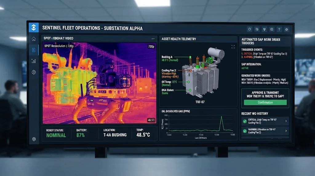 Enterprise SCADA dashboard interface showing live thermal robot video feed, asset health telemetry, and automated SAP work order triggers.