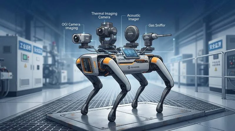 High-tech diagram showing a quadruped robot with modular sensors: optical gas imaging, thermal camera, acoustic imager, and gas sniffer.
