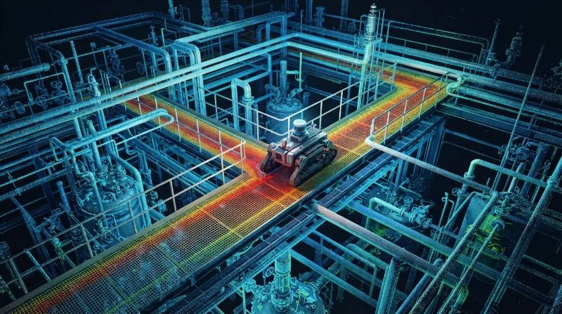 3D LiDAR point-cloud heatmap showing an industrial robot navigating a complex chemical facility with dense pipe networks without GPS.
