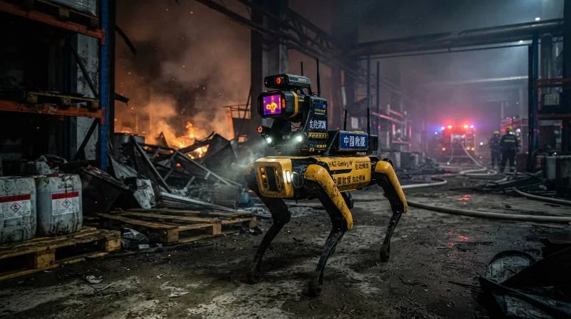 Emergency response quadruped robot scouting a burning chemical warehouse, equipped with thermal cameras and hazard sensors.