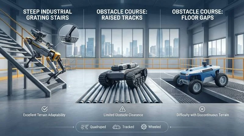 Technical comparison diagram of quadruped robot legs climbing steep industrial grating stairs versus wheeled and tracked robots encountering obstacles