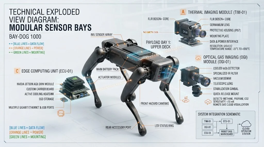 Technical exploded view diagram showing modular sensor bays on an industrial robot dog with thermal camera, OGI sensor, and edge computer