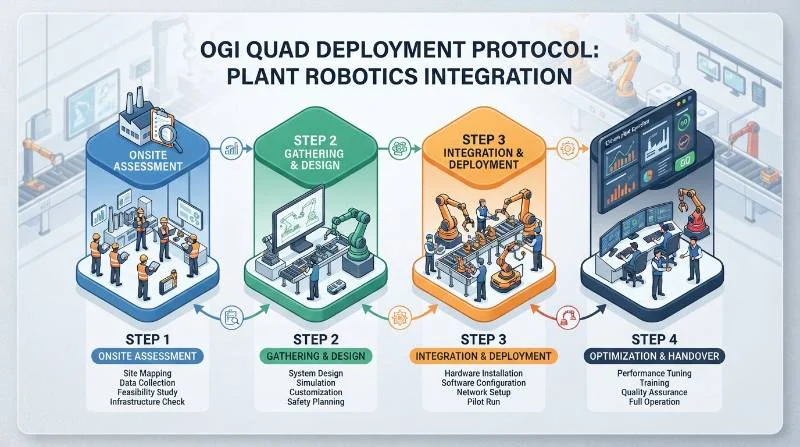 Industrial deployment workflow diagram illustrating the four step OGI Quad protocol for plant robotics integration