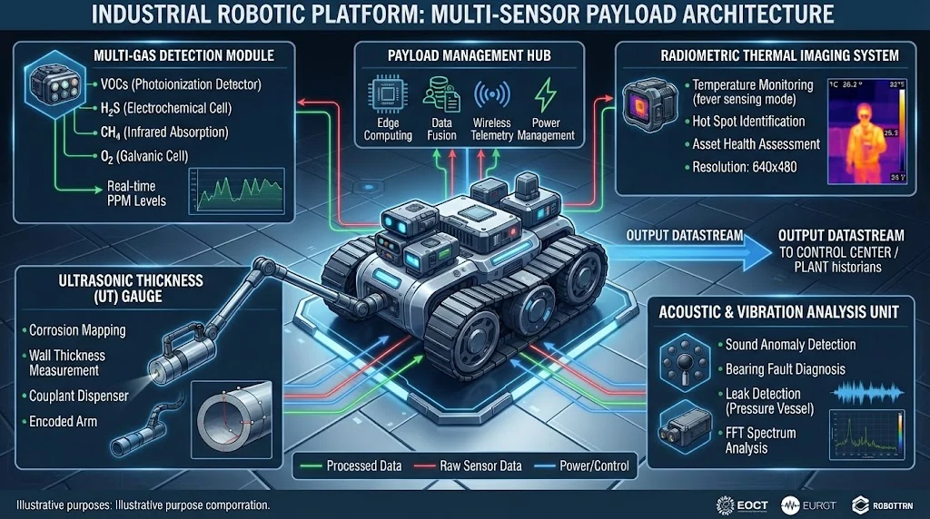 Sensor Payload Architecture Infographic (Multi-Gas, Acoustic, Radiometric Thermal, UT Gauge) on an industrial robotic platform