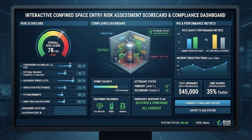 Interactive Confined Space Entry Risk Assessment Scorecard showing ROI metrics and safety compliance dashboard