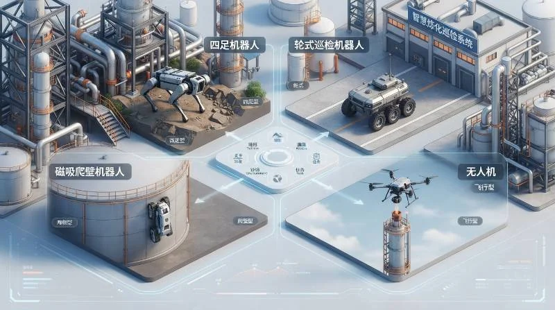 Robotic form factor decision matrix visual showing quadruped robot, wheeled rover, magnetic crawler, and drone in a refinery