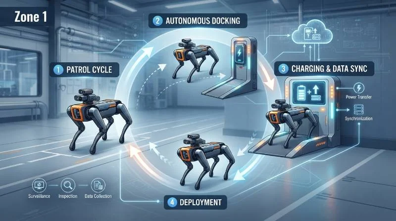 Autonomous docking and Zone 1 continuous patrol cycle infographic showing robotic dog charging and data sync