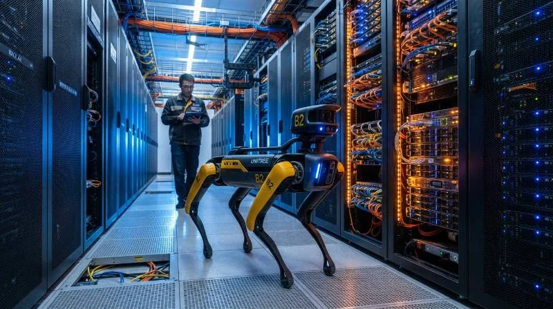 A high-tech quadruped robot dog scanning dense server racks inside a glowing blue and orange data center hot aisle.