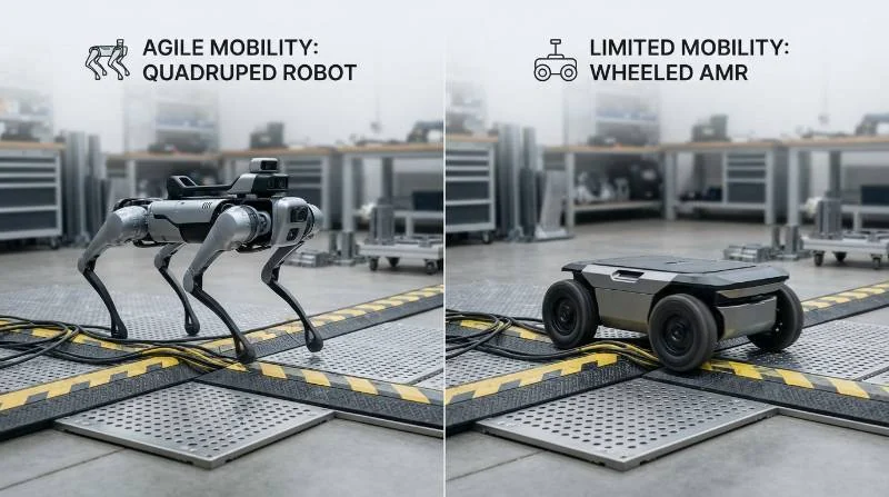 Comparison graphic showing a quadruped robot dog gracefully stepping over perforated floor tiles and cable ramps versus a stuck wheeled AMR.