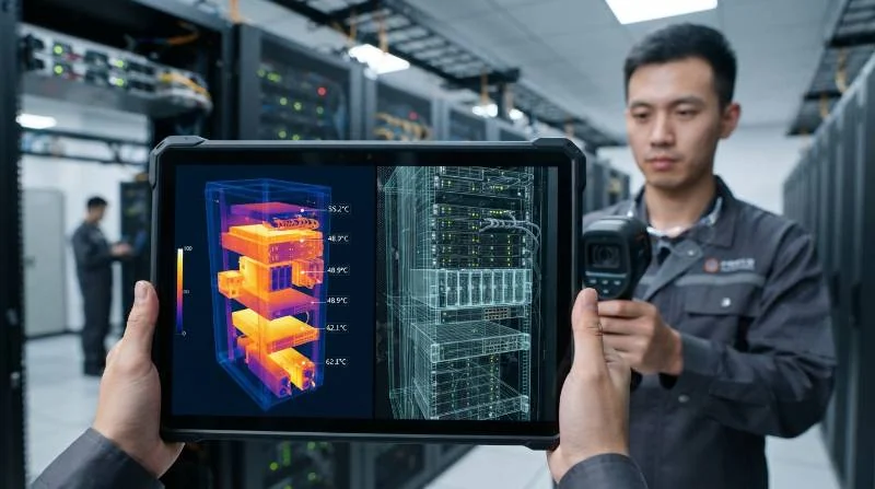 HUD display showing split-screen 3D radiometric thermal point cloud and visual camera feed inspecting high-density server racks.
