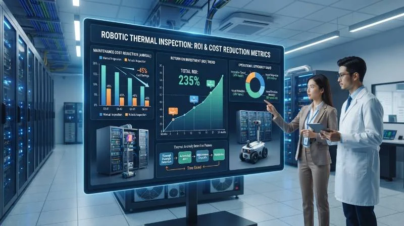 Financial dashboard graphic showing ROI and maintenance cost reduction metrics for data center thermal inspection robots.