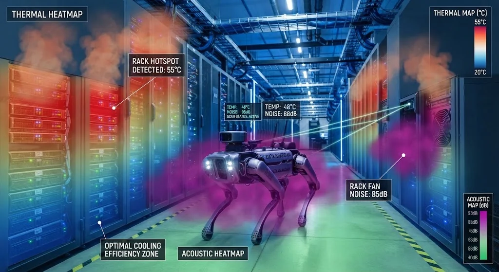Aisle-level thermal and acoustic heatmap overlay diagram showing quadruped robot scanning server racks