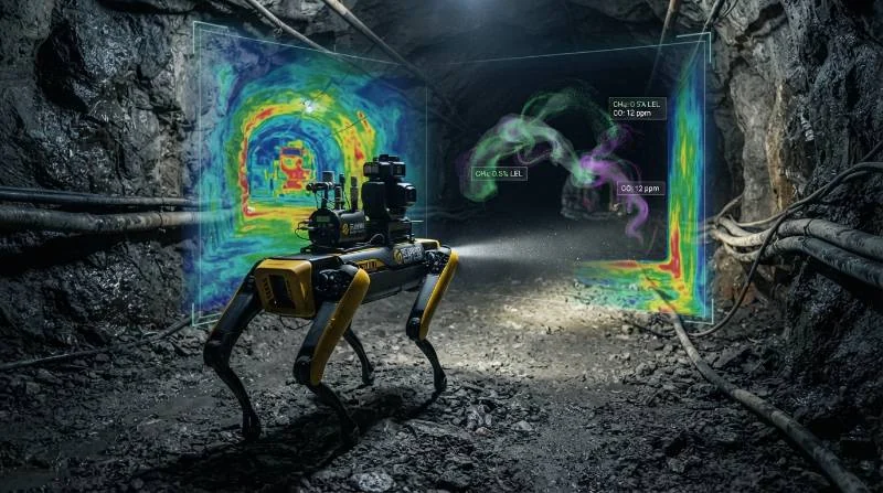 Multi-Gas Dispersion and Radiometric Heat-Map Overlay Visual generated by a quadruped robot in a mine tunnel.