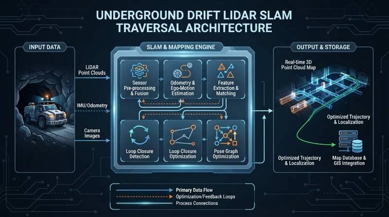 Underground Drift LiDAR SLAM Traversal Architecture Diagram showing sensor fusion, loop closure, and point cloud generation.