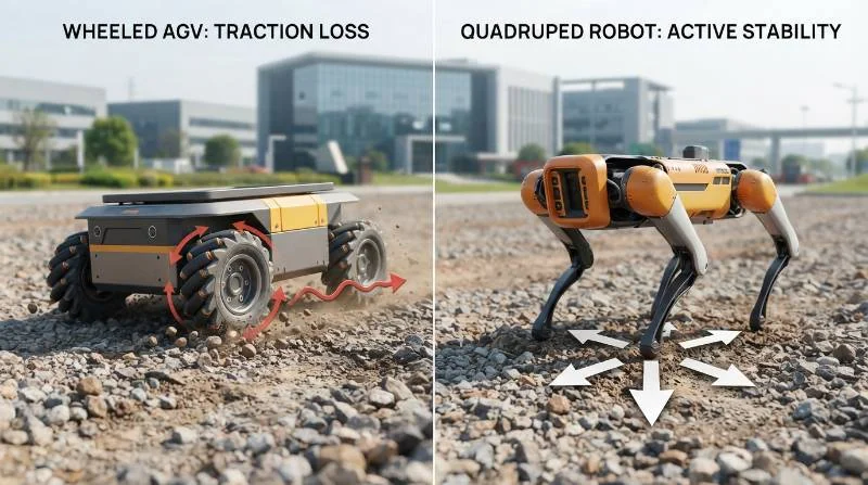 echnical comparison graphic showing wheeled AGV slipping on gravel vs quadruped robot foot-contact torque vector stability