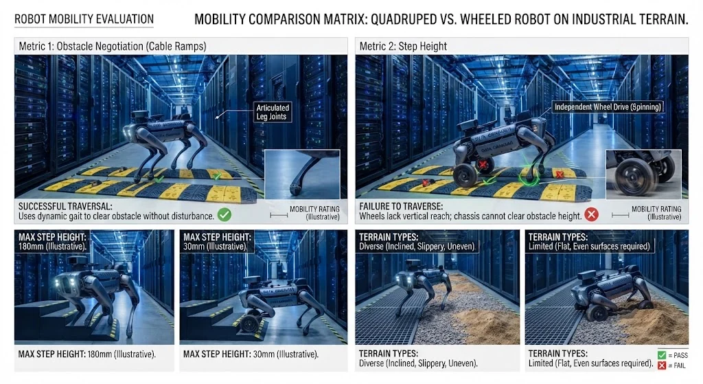 Mobility comparison matrix diagram displaying quadruped robot stepping over industrial cable ramps versus wheeled robot failing