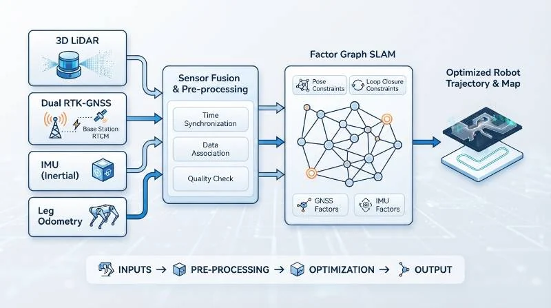 Block diagram showing sensor fusion pipeline: 3D LiDAR, Dual RTK-GNSS, IMU, and Leg Odometry into Factor Graph SLAM